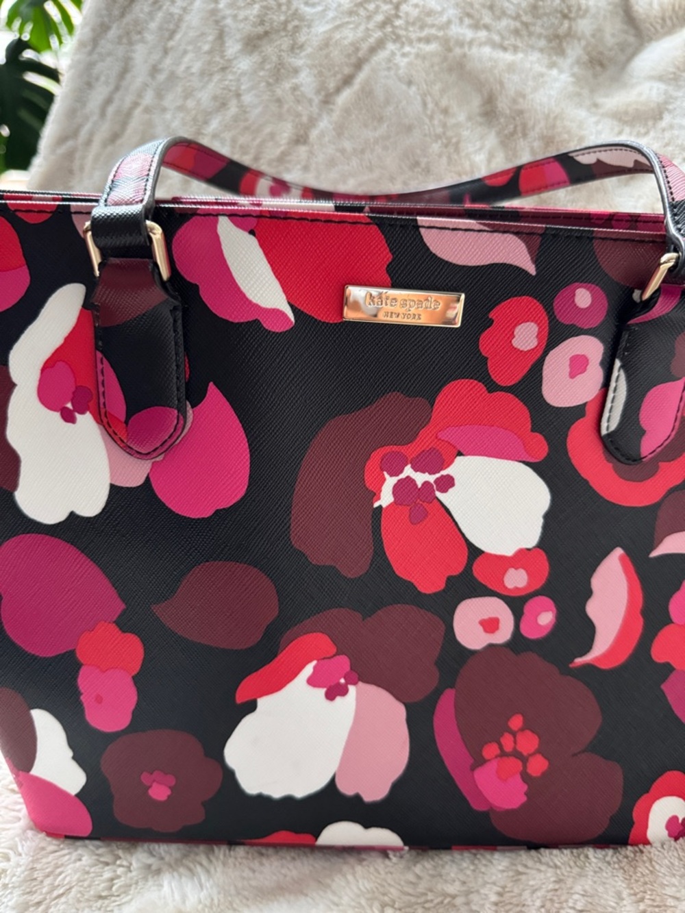 kate spade Black Floral Tote Bag with Pink and Red Accents - Picture 3 of 13